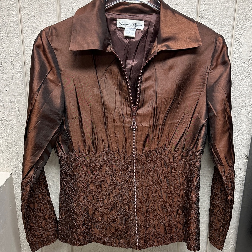 Women's Chocolate Brn blouse w/crystal zipper